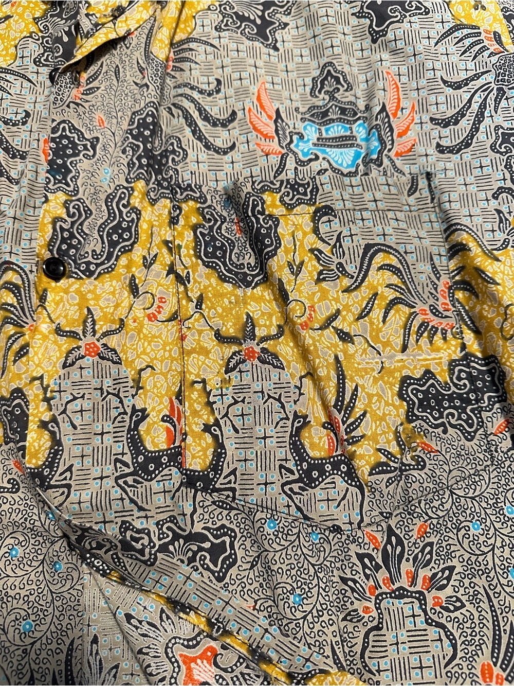 Vintage Multicolor Batik 40s 50s Short Sleeve Polo - Yellow, Gray, Blue Accents - Picture 5 of 10